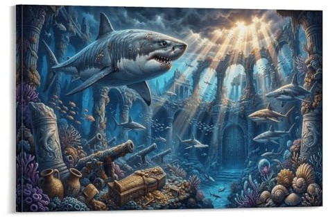 XPASHIQWC Weißer Hai Wandbild Korallen- und Schiffswrackruinen Leinwand Gemälde Wand-Dekorationen Wandposter Kunstdruck Für Bauernhaus Schlafzimmer Wohnzimmer Dekor 16x24inch(40x60cm)