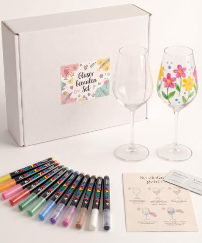 Breezio Weingläser Bemalen Set – 2 Gläser mit 12 Glasmalstiften & Anleitung | Gläser Bemalen Set für Date Night & Mädelsabend | Kreatives Geschenk