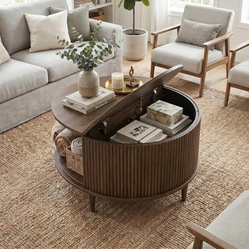 SJPVPYB Runder Couchtisch Holz mit Stauraum, Moderner Wohnzimmertisch mit geriffelten Fronten, Skandinavischer Design Beistelltisch für Wohnzimmer, Hellbraun (Nussbaum-Optik, Rund)