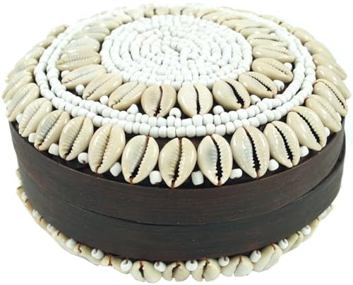 GURU SHOP Exotische Korb-Schachtel mit Kauri Muschel, Schmuckschatulle, Groß (11x18x18 cm)