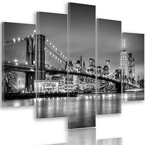 Feeby Quadro su Tela Multipannello Ponte di Brooklyn 5 Pezzi Tipo A 200x100 cm Stampa Murale Fotografia Immagini Moderni per Soggiorno Camera da Letto Cucina New York Architettura Bianco e Nero