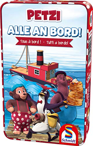 Schmidt Spiele 51418 Petzi, Alle an Bord-Kinderspiel, Metalldose, bunt
