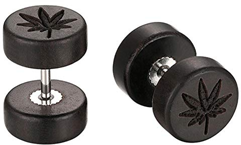 JewelryWe Schmuck Holz Ohrstecker Edelstahl Ahornblatt Blatt Fake Plug Tunnel Barbell Ohrringe Piercing für Herren Damen Schwarz