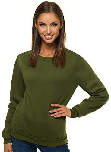 OZONEE Damen Sweatshirt Pullover Langarm Farbvarianten Langarmshirt Pulli ohne Kapuze Baumwolle Baumwollmischung Classic Basic Rundhals-Ausschnitt Sport JS/W01Z Khaki M
