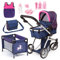 Bayer Design 18354AC Großes Puppenwagenset, Kombi-Puppenwagen Milano, Puppenjogger, höhenverstellbar, Mega Set mit viel Zubehör, Reisebett, Umhängetasche UVM, blau mit Einhorn, 67x15x69 cm