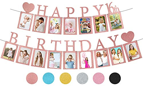Foto-Banner zum 16. Geburtstag, in Rotgold, vormontiert - Sweet 16 Banner mit 16 Foto-Karten-Rahmen, Partyzubehör - Happy 16th Birthday Dekorationen für Mädchen mit 16 Schildern