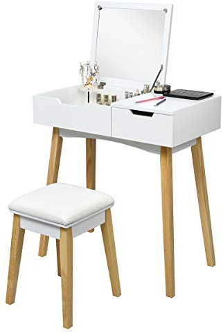 COSTWAY 2 in 1 Schminktisch mit Hocker, Frisiertisch mit Klappspiegel & Schublade, Kosmetiktisch für Schlafzimmer und Wohnzimmer, weiß