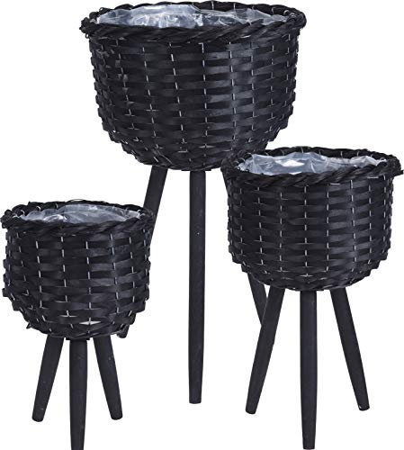 Muddy Hands Set of 3 - Wicker Plant Pot Stands Indoor Home Outdoor Garden Decorative Flower Planter Cover Holder Shelf Display (Black)