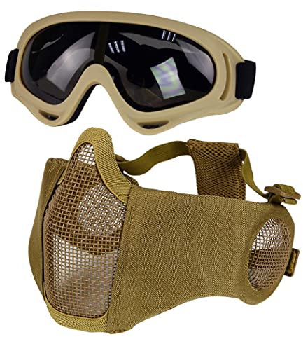 Yzpacc Airsoft Maske mit Schutzbrille, Faltbare Half Face Airsoft Mesh Maske mit Ohrenschutz für Paintball Schießen Cosplay CS Spiel (DE)