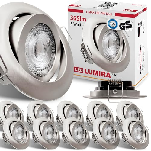 max K O M F O R T - 12x LED Einbaustrahler Ultraflach 5 Watt Edelstahl-Optik schwenkbar 230V Rund warmweiß Deckenstrahler Spot Deckenspot Lumira