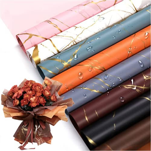 Xshelley (24 Blatt marmoriertes Blumen-Geschenkpapier, 8 Farben, Blumensträuße, Bastelarbeiten, Geschenkverpackungen oder Geschenkbox-Verpackung, wasserdichtes Blumen-Geschenkpapier, 58 x 58 cm