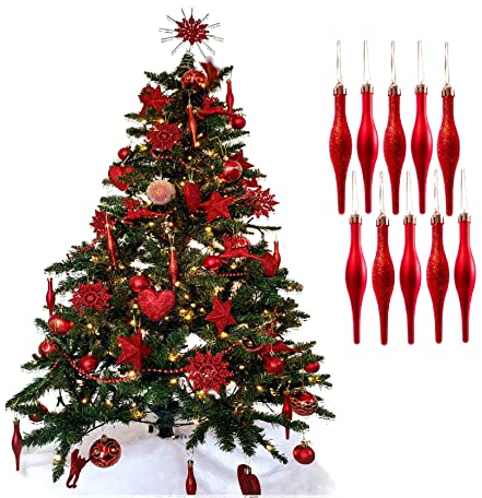 Simply Products 10 Droplet Baubles - Great Christmas Tree Decoration, Matte & Glitter Icicle Baubles (Red Glitter & Matte)