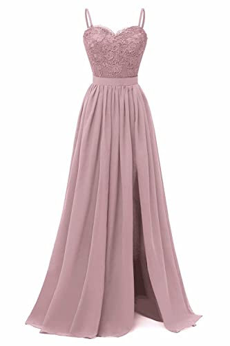 N/ C Robe de demoiselle d'honneur avec col en V et bretelles spaghetti, longue fendue sur le côté en mousseline de soie pour mariage, soirée, bal, vieux rose, 44