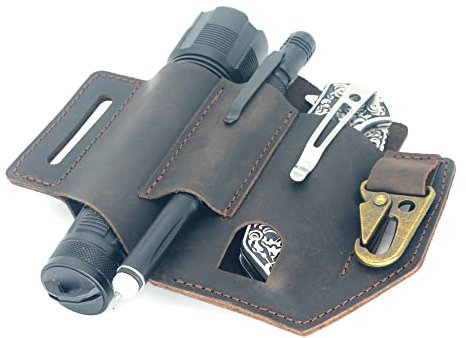 COLEAT Genuine Leather Multitool Sheath for Belt, Leather Man Sheath for Men, Leather EDC Pocket Organizer with Pen Holder, Flashlight Sheath, Keychain Clip, Knives Sheath Holster Dark Brown