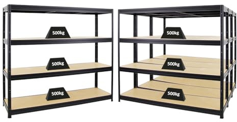 PROREGAL Mega Deal 4er-Sparset Profi-Schwerlastregal Dino HxBxT 180x200x60cm Fachlast 500kg Schwarz, Kellerregal, Steckregal, Garagenregal, Lagerregal