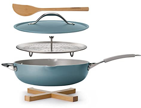 Tramontina All-in-One Plus Pan Set, 5-Quart Ceramic Non Stick Cooking Pan with Lid, Steamer Insert, Bamboo Utensil and Trivet, Blue