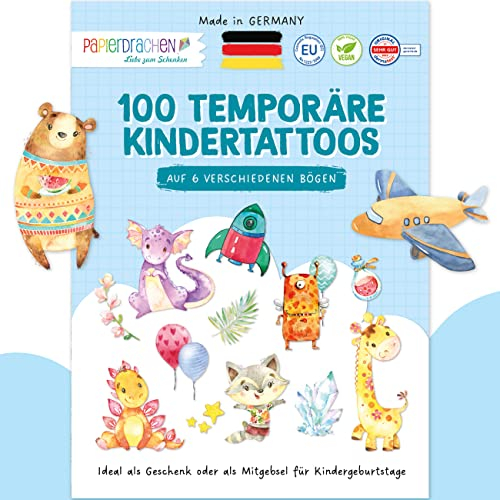Papierdrachen 100+ Tattoos für Jungen - besonders hautfreundliche Kindertattoos - Dino, Monster & Drachen - Tattoos für Kinder - Geschenkidee & Mitgebsel - 100% vegan & dermatologisch geprüft - Set 1