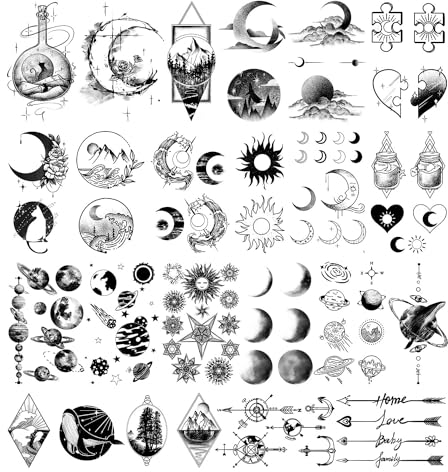 Acevegue 30 Blätter Temporäre Tattoos, Fake Klebetattoos Für Erwachsene Mit Planeten Sonne Mond Sterne Herz, Schwarz 3D Realistisch Kleine Tattoo Für Frauen Männer