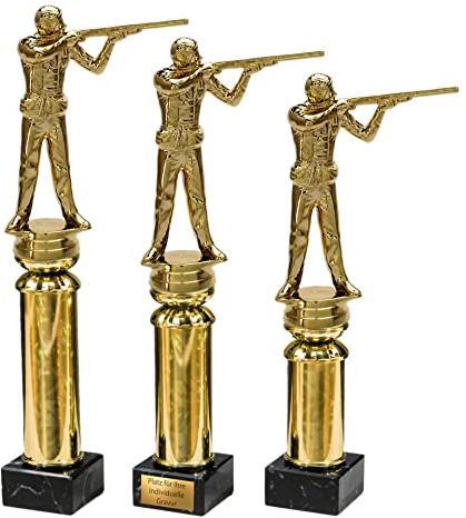 eberin – Schiesssport Pokal mit Gravur in 3 Größen – Flinte-Schütze auf Goldsäule/Marmor – Trophäe für Schützenverein, Sportschützen, Award