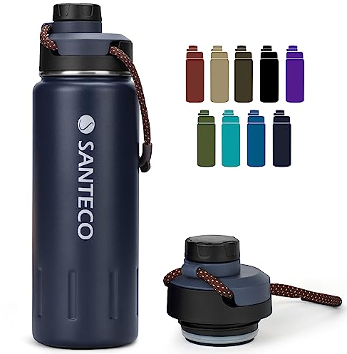 SANTECO Trinkflasche Edelstahl isoliert 500ML, 710ML I Auslaufsicher Thermoskanne I BPA-Frei mit Schraubverschluss Isolierflasche für Sport, Laufen, Fahrrad, Yoga, Wandern und Camping I Sportdeckel