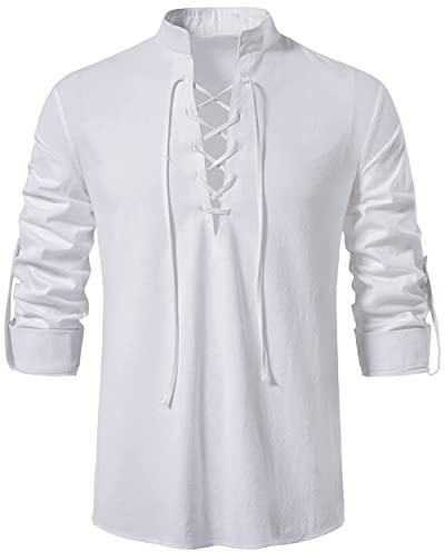 LUYANA Herren Mittelalter Wikinger Hemden Langarm Leinenhemd | Herren-Kostüm mit Schnürung, Mittelalterliches Schottisch Jacobit Shirt, Stehkragen Freizeithemd Vintage Schnürhemd