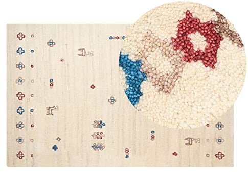 Beliani Gabbeh Teppich beige aus Wolle 140 x 200 cm Hochflor Blumenmuster weich Suluca