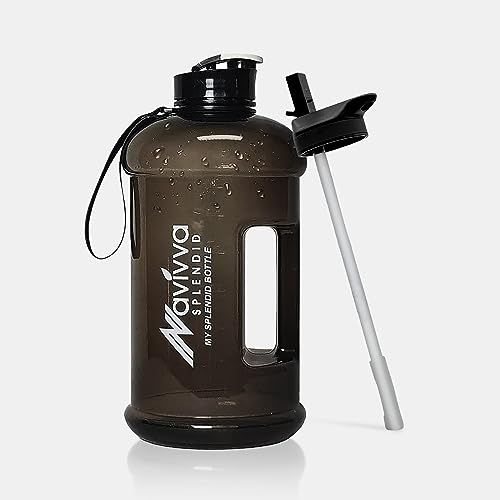 NAVIVVA SPLENDID 2,2 Liter große, wiederverwendbare Wasserflasche mit Strohhalm-Deckel, spülmaschinenfest, BPA-freier Tritan-Kunststoff, tragbar, umweltfreundlich, mit Tragegriff (schwarz)