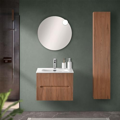Inbagno Mobile Bagno sospeso cannettato 60 cm Noce Canaletto con 2 cassetti Soft-Close, lavabo in Ceramica e Specchio Tondo a Filo 60 cm, Bali