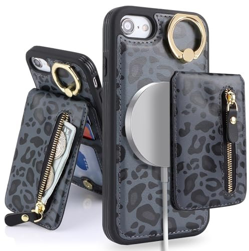 SailorTech iPhone Case with Card Holder, Cover for iPhone 7/8/SE 2020/SE 2022 - Ring Stand Kickstand Wallet Detachable 2-in-1 Zipper Case - Black Leopard