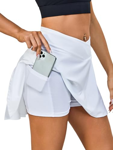 Kefiyis Tennisrock Damen Hohe Taille Sportrock mit Hose Plissiert Golfrock Hosenrock mit Taschen Sommer Outdoor Workout Laufen Radfahren Skirt Weiß S