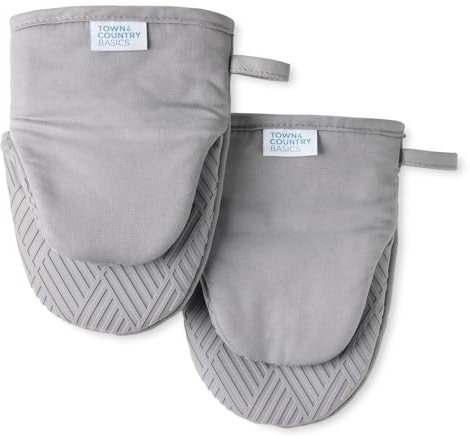 TOWN & COUNTRY BASICS Basketweave Soft Silicone Mini Oven Mitt 2-Pack Set, Heat Resistant up to 500F, Flexible Silicone, Non-Slip Grip, Grey, 5.5x8