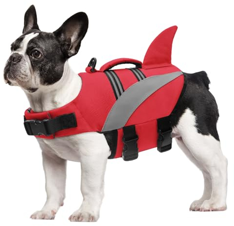 Oslueidy Giubbotto di Salvataggio del Cane Alta Flotation Shark Dog Salvagente Galleggia Cappotto Riflettente Pet Gilet di sicurezza Costumi da bagno Dog Life Vest (Rosso, M)