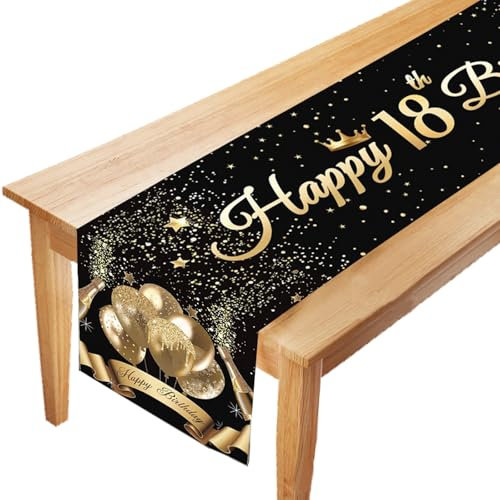 LUKIUP Tischläufer 18 Geburtstag, Schwarz Gold Happy 18th Birthday Tischband zum 18. Geburtstag, Feier Party Dinner Tisch Leinen Tuch Deko für Männer Frauen Jahrestag Zuhause Küche Draußen