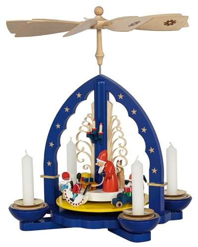 Richard Glaesser Pyramide Weihnachtsbescherung blau für Teelicht und Kerzen aus Seiffen im Erzgebirge, 16062