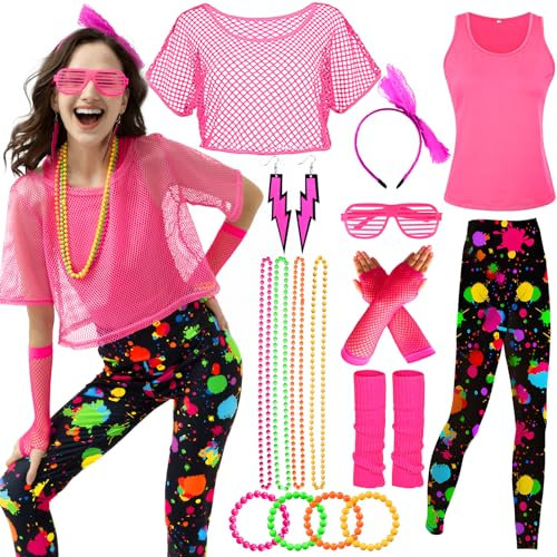 Ulikey 80er 90er Jahre Kostüm Damen, Bunte Leggings, Aerobic Outfit, Neon Party Zubehör Set Mit Gläser, Halskette (Pink Schwarz, M)