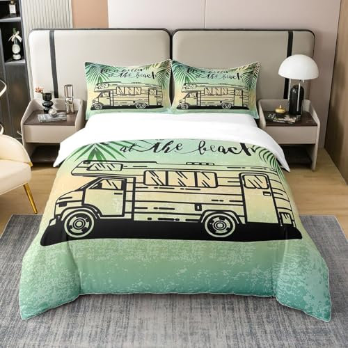 Loussiesd Wohnmobil Bettwäsche Set 135x200cm 100% Baumwolle für Mädchen Camper Jungen glücklich Camping Bettbezug Urlaub Strand Ozean Kokosnussbaum Sommer Bettwäsche Wohnmobil Reisen Auto Camping