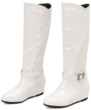 KLRCPQWU Stivali Lunghi in Vernice da Donna, Stivali Alti con Zeppa E Punta Rotonda Semplici, for Feste, Shopping O Uso Quotidiano(White,40 EU)