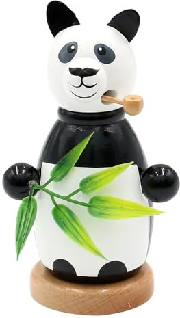 Holz Räuchermann, Räucherfigur, Räuchermännchen als Panda mit Eukalyptusblatt in schwarz und weiß, Größe: L/B/H 8 x 8 x 12 cm.