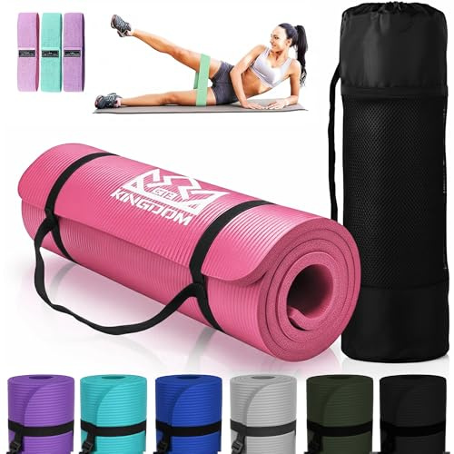 Kingdom Fitness Yogamatten-Set, 15 mm, extra dick, NBR, rutschfeste Übungsmatte, Tragetasche, Gurt und Widerstandsband, Rosa