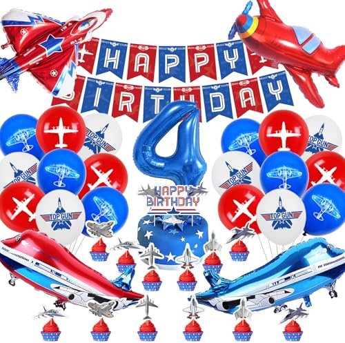 Flugzeug Deko Kindergeburtstag 4 Jahre,Flugzeug Party Luftballons 52 Stück,Flugzeug Ballon Helium,Flugzeug Thema Geburtstag Kit für Jungen Mädchen,Airplane Geburtstagsdeko mit Banner Tortendeko