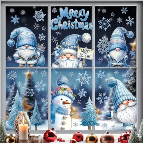 Tongyixin 116 Stk Fensterbilder Weihnachten Selbstklebend, Blau mit silbernem Glitzer 3D Zwerg Weihnachtsmann Fensterdeko, Zweiseitig Winter Fenster Weihnachts Deko