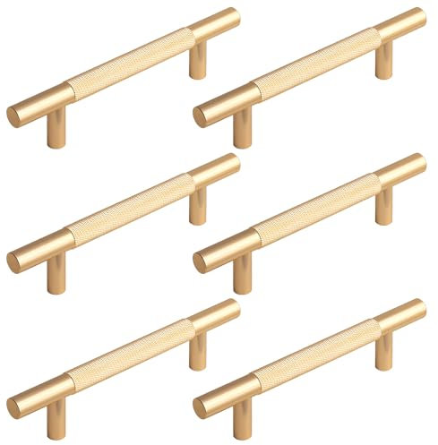 Gold 150MM Knurled Cupboard Handles, 6 Pack 96mm Hole Center T Bar Handles Knurled Drawer Handles Gold Modern Furniture Handles Long Wardrobe Door Handles Door Handles Kitchen Drawer Handles