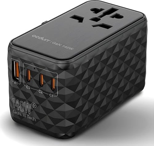 140W Universal Travel Adapter, ocdun GaN III International Plug Adaptor with 1 USB A & 3 USB C Ports, Worldwide Power Outlet Travel Adapter for UK to US, Europe, AUS, Ireland, Thailand (Black)