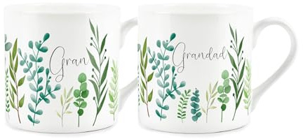 Purely Home Gran & Grandad Mug Set - Ferns & Greenery Garden Themed Gifts for Grandparents Bone China Mugs Set of 2 - Tea/Coffee Hot Drinks Cups Present
