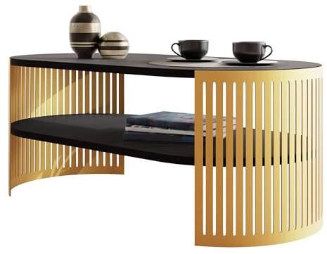 Mirjan24 Couchtisch mit Ablage Fahugin I, Ovale Form, Beine aus Metall, Kaffeetisch, Wohnzimmertische, Beistelltisch, Sofatisch, Teetisch (Schwarz Molet, Gold)