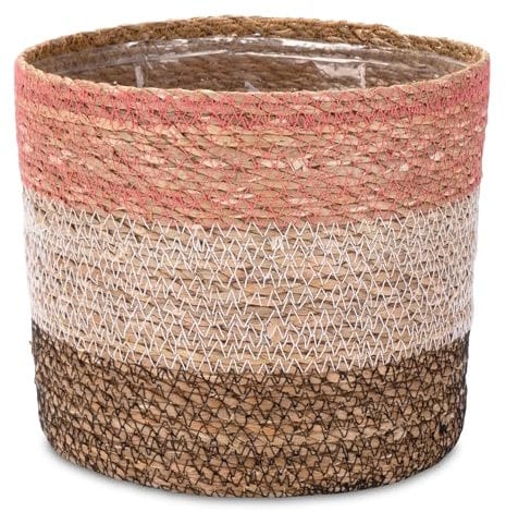 Decorasian Seegras Übertopf – Blumentopf geflochten – dekorativer Planzenkorb mit Folieneinsatz im Boho Stil – Pink-Weiß-Schwarz - 20cm