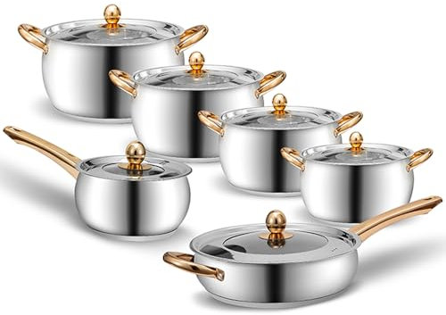 12 PCS Stainless Steel Pots and Pans Set, Mirror Finish Stackable Nonstick Kitchen Cookware Set with Lid Suitable for All Stoves (Round Belly)