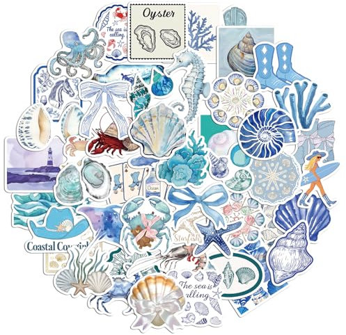 50 Pcs Blue Ocean Stickers, Waterproof Adhesive Sea Creature Themed Stickers Funny Blue Marine Life Decals for Scrapbook Luggage Journal Water Bottle Decoration