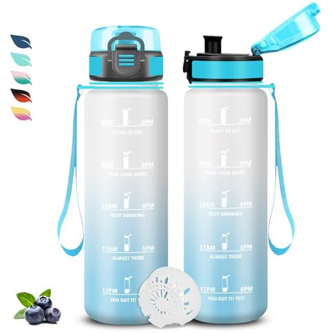 Bouteille, Gourde 1l, Gourde Sport avec Filtre, Gourde Motivation avec Marqueur de Temps, Gourde Graduée pour 1 Journee, Facile à Nettoyer, Gourde Plastique pour Running, Voyage, École, Extérieur