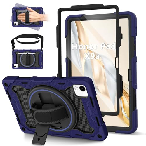 ROSROME for Honor Pad X9a Case 11.5 inch 2025 with HD Screen Protector | Shockproof Heavy Duty Kids Cover, 360°Rotating Stand/Shoulder Strap/Hand Strap/Pen Holder for Honor X9a Tablet Case,Navy Blue